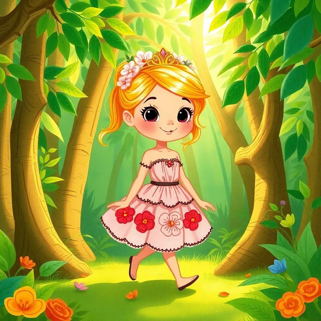 A tender princess, Trinidad, with golden hair wearing a flower dress, walking through a lush green forest, sunlight filtering through the leaves, cheerful, colorful, vibrant scene