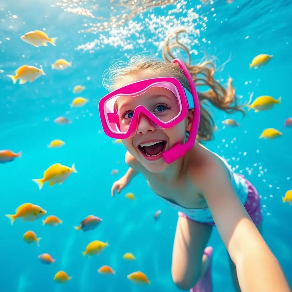 A young girl named Lily, excited and wearing a bright pink snorkeling mask and fins, jumping into the clear blue ocean, colorful fish swimming around her, sunlight sparkling on the water surface, cheerful atmosphere, vibrant colors, high quality