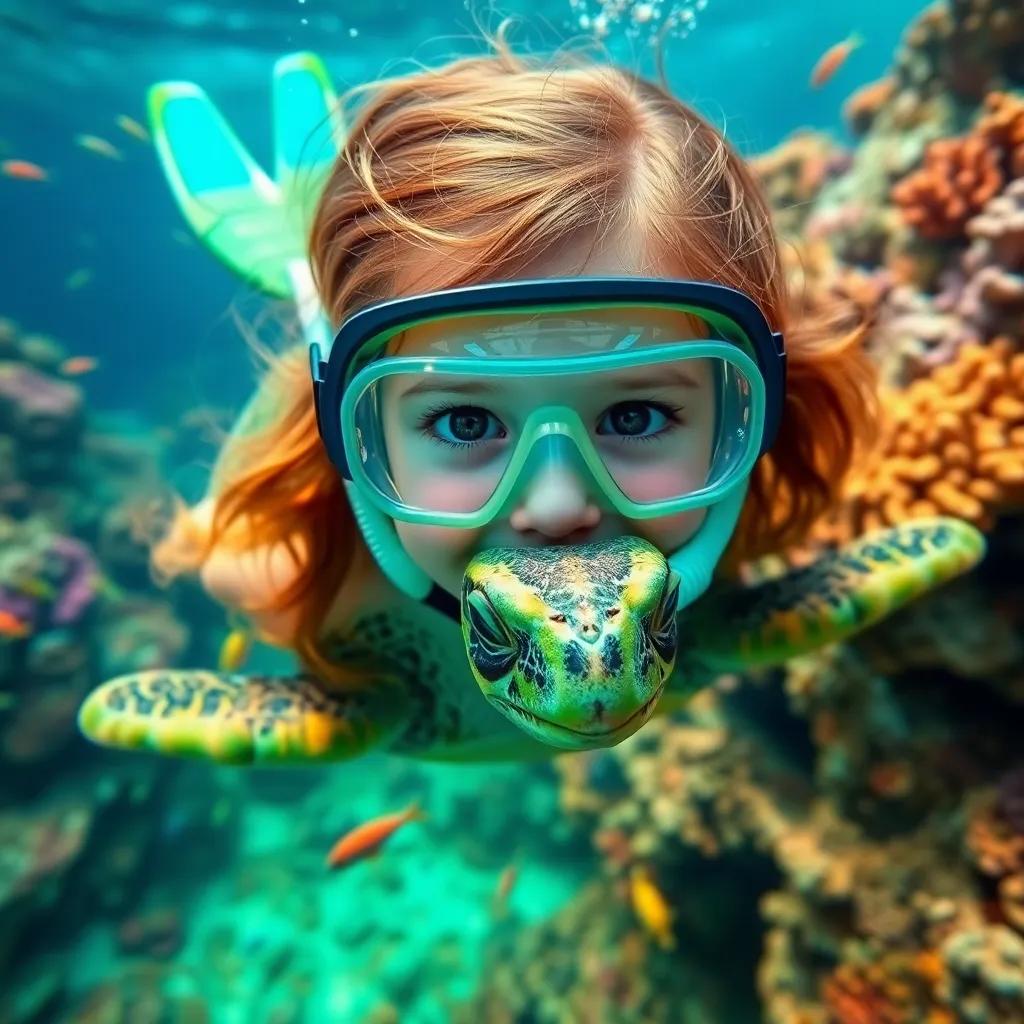 Lily, a young girl with brown hair, wearing a snorkeling mask and fins, swimming with a beautiful green sea turtle in a coral reef, surrounded by colorful corals and fish, magical underwater scene, vibrant and lively colors, child-friendly, high quality