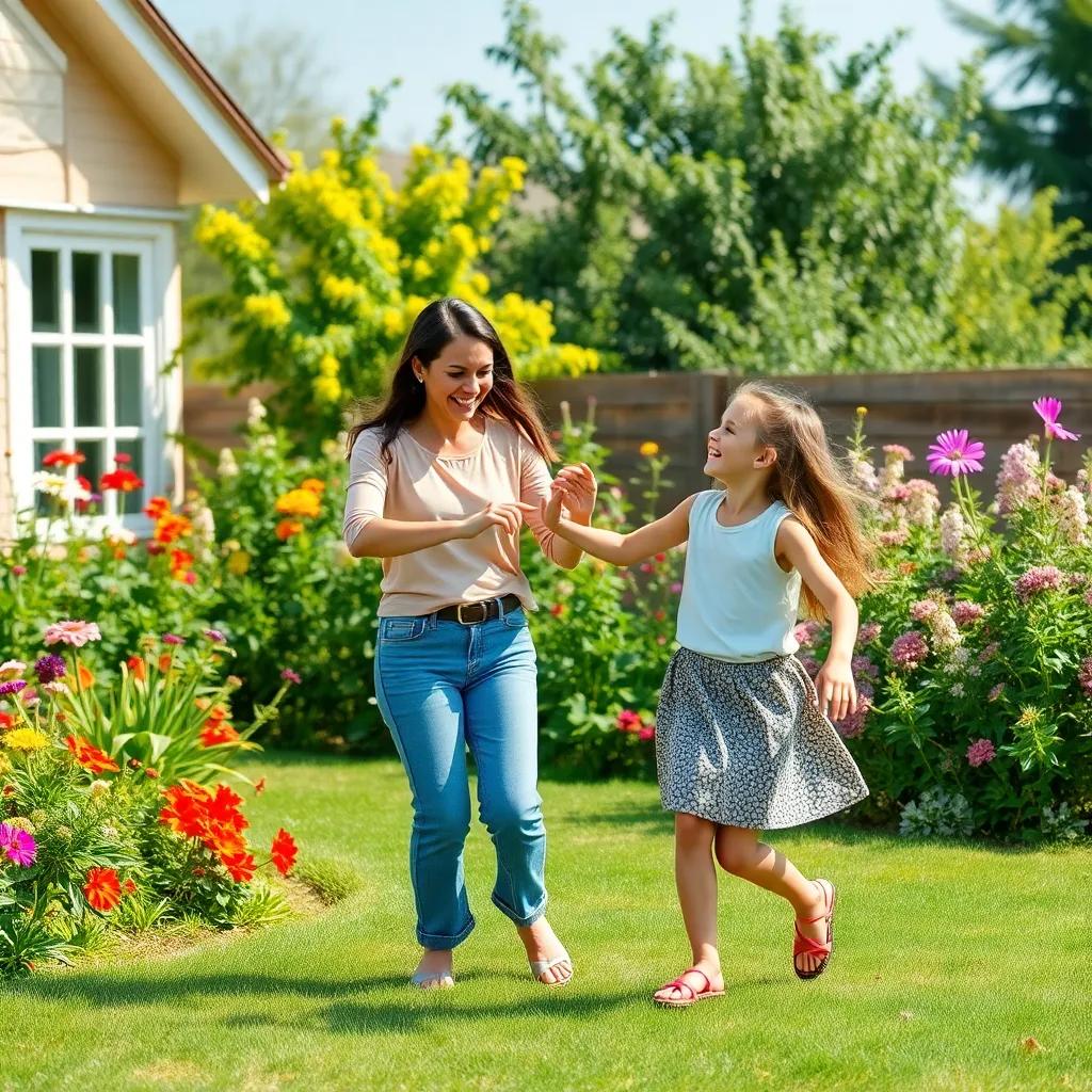 A cheerful backyard filled with blooming flowers and green grass, a sunny day, a 30-year-old woman smiling, in casual clothes, dancing with her 12-year-old daughter, laughter in the air, digital art, vibrant colors, joyful atmosphere, high quality