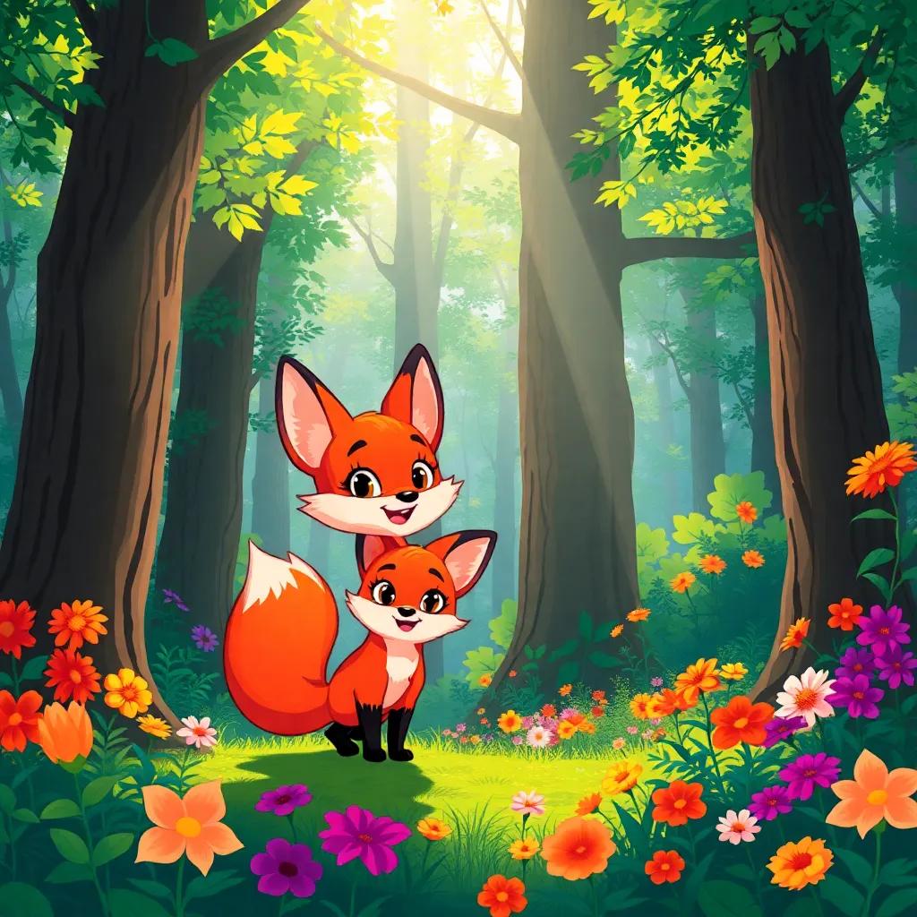 A vibrant forest scene with a young red fox, Twyla, standing under towering trees, sunlight filtering through leaves, colorful flora all around, joyful expression, digital art, bright colors, cheerful atmosphere, high quality