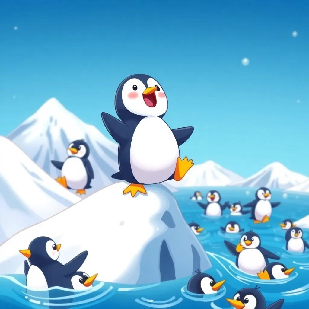 A small penguin, Piko, on the snowy peak of a mountain, excited and determined, surrounded by other penguins swimming below, cartoon style, bright colors, cheerful atmosphere, high quality