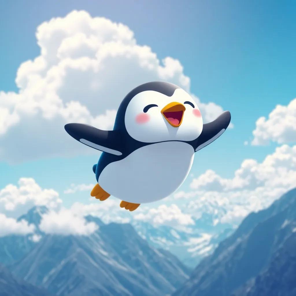 Piko, the small penguin, soaring through the air above the mountains, with fluffy white clouds and a clear blue sky, joyful expression, digital art, vibrant colors, uplifting scene, high quality