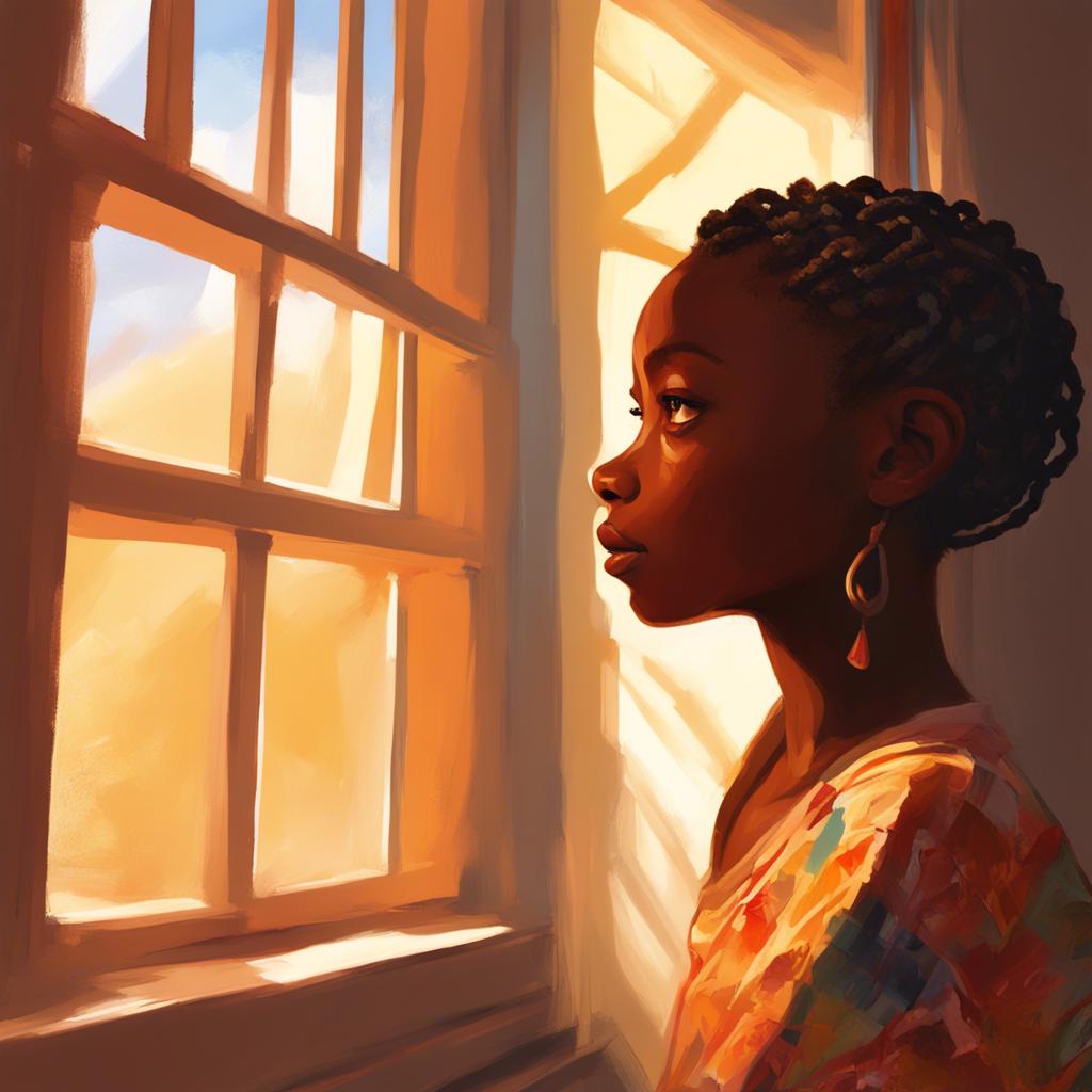 A young African girl, Ugochi, with short braided hair, looking out of her bedroom window, feeling unwell, bright sunshine outside, digital art, warm colors, cozy atmosphere, cheerful perspective, heartwarming