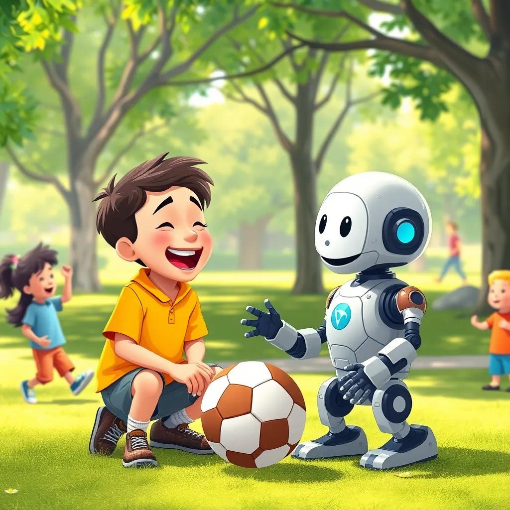 Hugo, a young boy, laughing in a park while teaching Zico, the robot, about happiness, surrounded by children playing with a soccer ball, cheerful scene, bright colors, engaging vibe, illustration