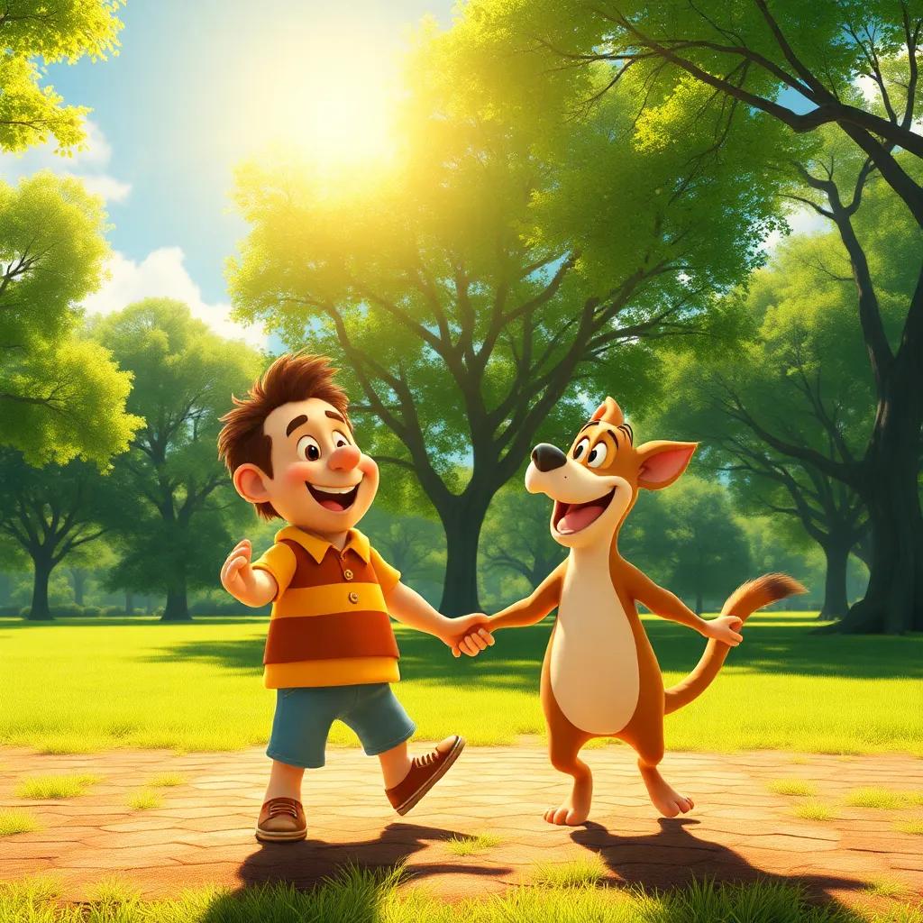 A sunny day in the park with Hugo and Zico dancing under the sun, trees swaying in the background, smiles on their faces, depicting joy and friendship, digital painting, warm colors, lively perspective, high quality