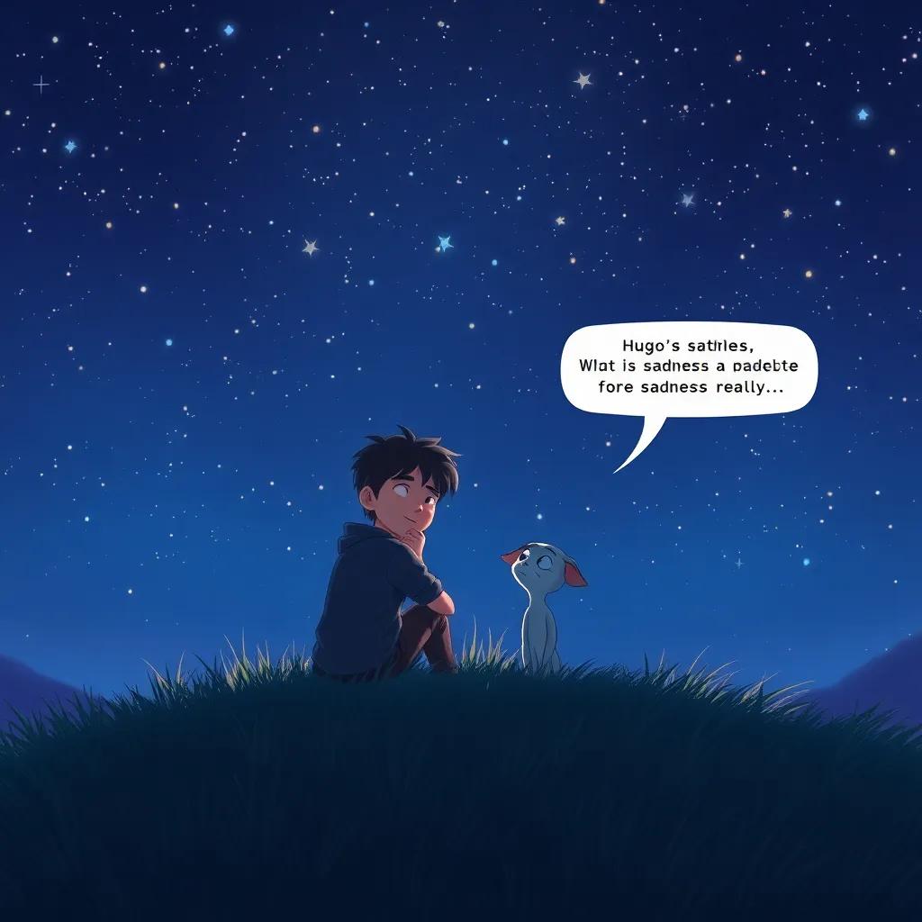 A night sky filled with stars, Hugo and Zico sitting on a grassy hill, with Hugo looking thoughtful while explaining sadness, soft glow from the stars illuminating their faces, magical scene, deep blues and purples, calming atmosphere, illustration