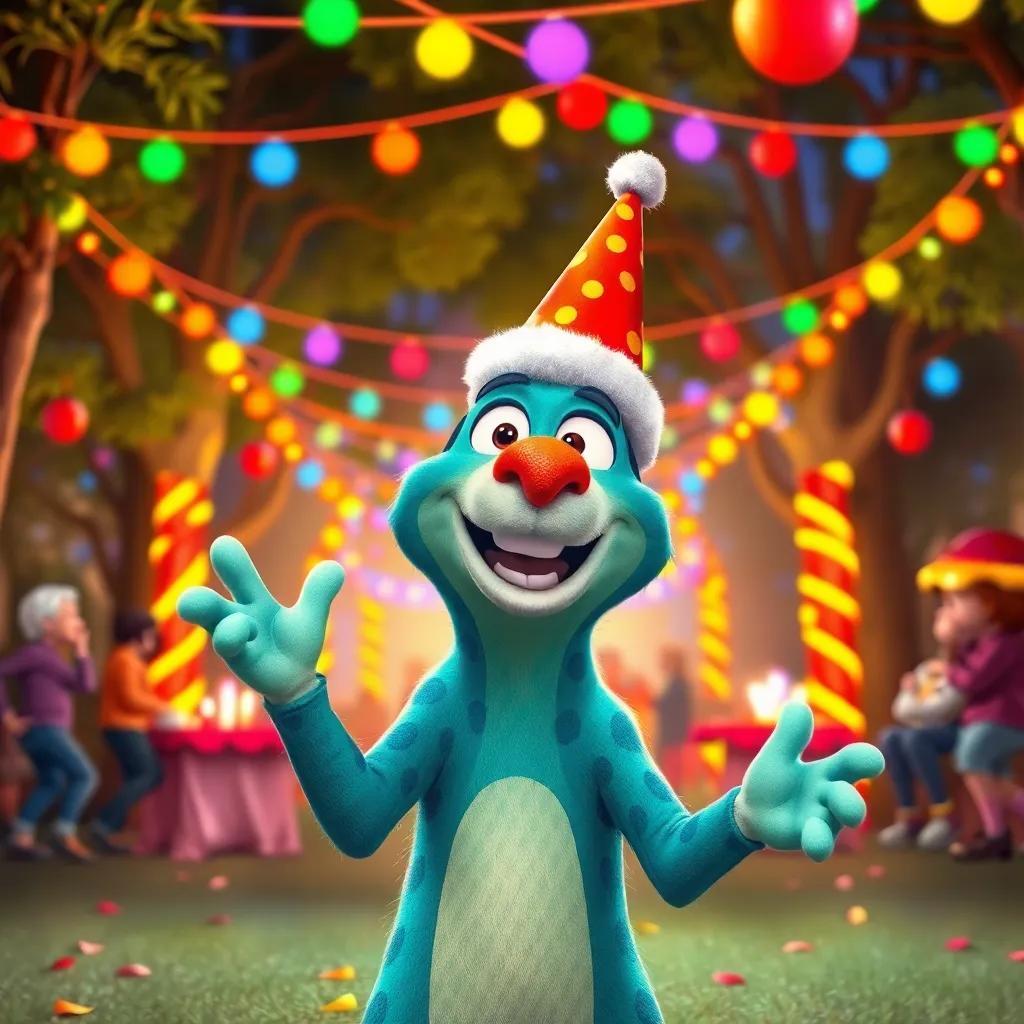 Zico creating a special celebration in the park for Hugo, colorful lights and decorations, Zico happily presenting the event with excitement, joyful expressions all around, vibrant colors, festive vibe, high quality