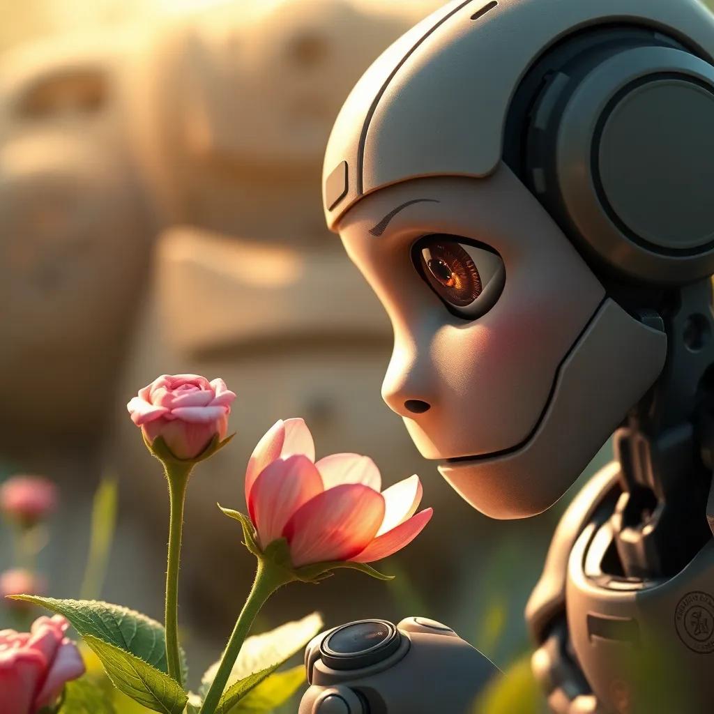 A close-up of Zico watching a wilted flower next to Hugo, a curious expression on Zico's robotic face, representing understanding and care, detailed digital art, soft light, warm colors, heartwarming perspective