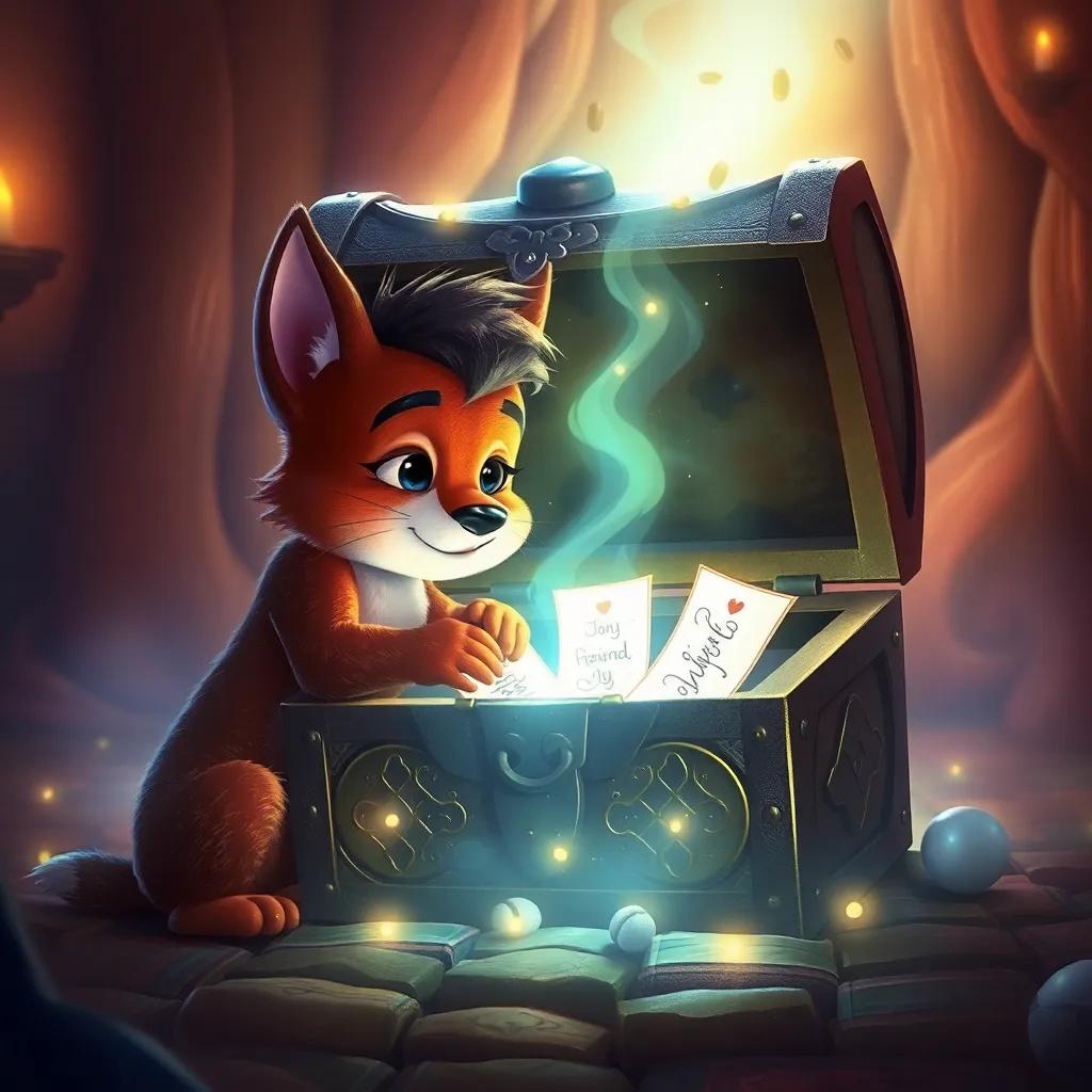 Zico collecting messages for Hugo inside a magical treasure chest, the treasure chest glowing with light and filled with beautiful notes, enchanting atmosphere, fantasy digital art, warm and inviting colors