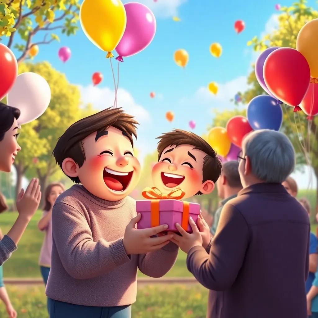 Hugo's joyful reaction upon receiving Zico's thoughtful gift on his birthday, surrounded by friends cheering, the park filled with balloons and happiness, vibrant colors, joyful moment, high quality