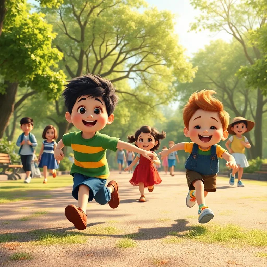 Hugo and Zico running joyfully in the park, hand in hand, with other children joining them and smiles all around, bright sunlight, cheerful atmosphere, lively scene, illustration