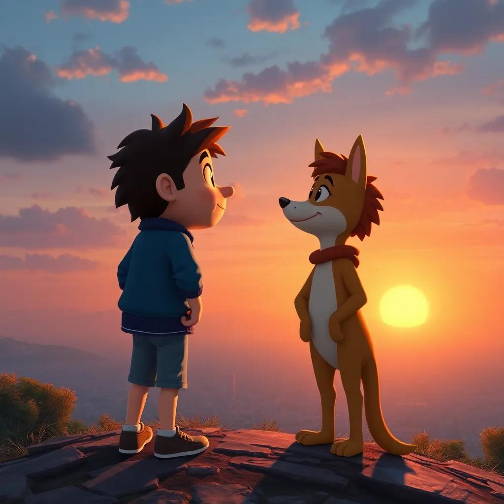 Hugo and Zico standing on a hill, overlooking the city, sharing a moment of connection and understanding, with the sun setting in the background, warm colors, peaceful scene, detailed digital painting