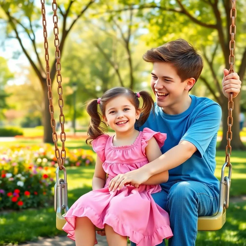 A little girl named Lila, a young Caucasian girl with brown hair in pigtails, wearing a pink dress, sitting on a swing with her teenage brother Josh, a tall boy with short brown hair wearing a blue t-shirt and jeans, laughing in a sunny park with trees and colorful flowers, cheerful atmosphere, vibrant colors, bright sunlight, digital art, child-friendly