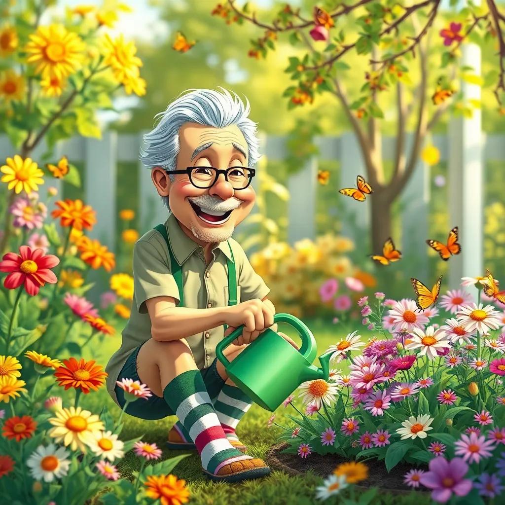 Mr. Green, an older man with gray hair and a big smile, wearing mismatched socks, watering flowers in his garden, surrounded by colorful blooming flowers and butterflies, bright sunny day, whimsical style, uplifting scenery, illustration, vibrant colors, a feel-good environment.