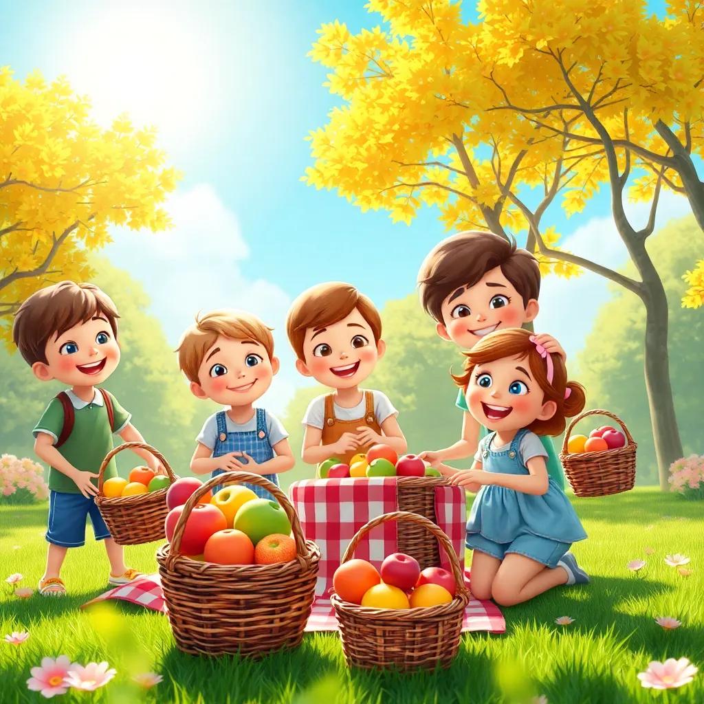 Em um sunny park, a group of children is happily preparing for a picnic. The sky is blue with a bright sun, colorful fruits are in baskets, and the children are smiling, digital art, cheerful, vibrant, high quality