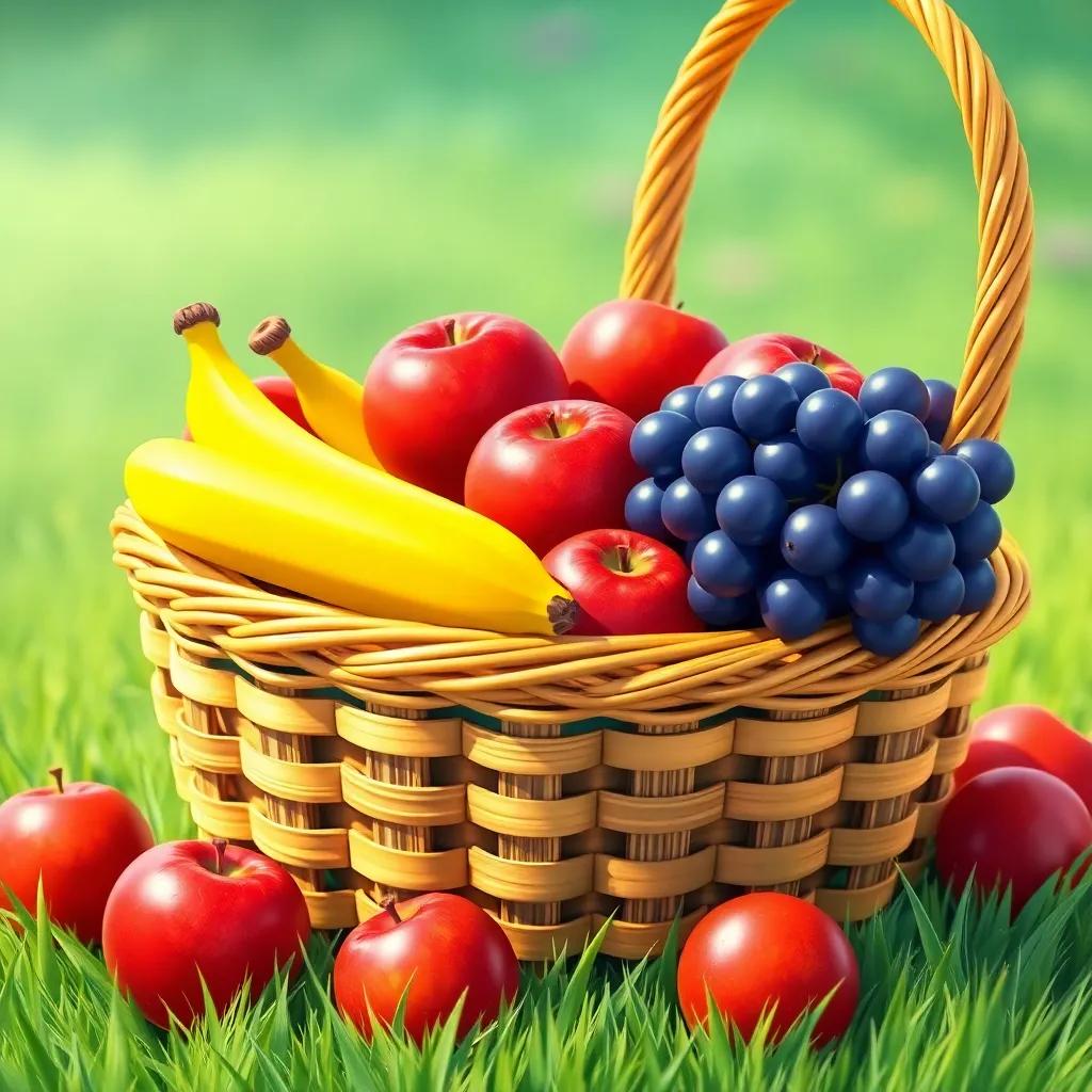 A close-up of a colorful picnic basket filled with juicy fruits like red apples, yellow bananas, and purple grapes, placed on a soft green grass, detailed illustration, bright colors, inviting atmosphere, high quality