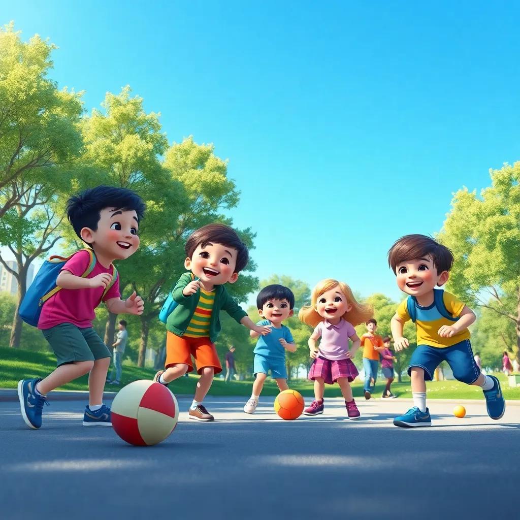 Children playing with toys, such as balls and jump ropes, in a park. They are laughing and having fun under a clear blue sky, digital painting, lively, action-filled, high quality