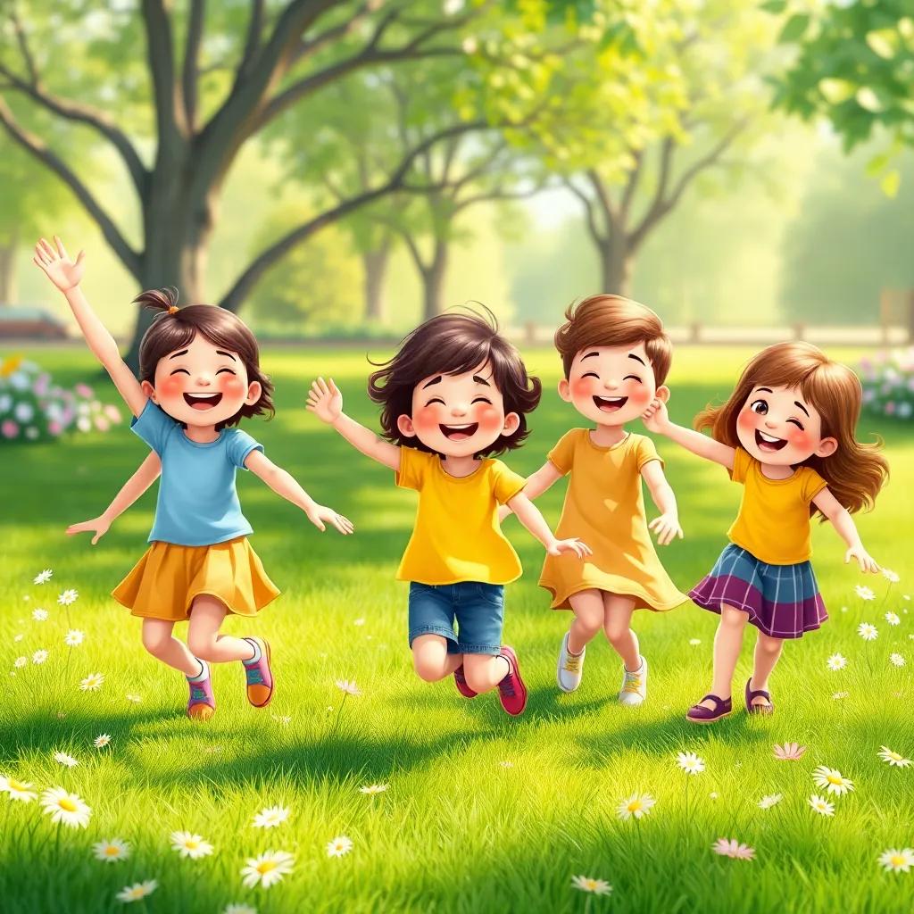 A group of children dancing joyfully in a park with soft grass and flowers. Their faces are full of happiness, bright colors and a sunny atmosphere, illustration, cheerful and vibrant, high quality