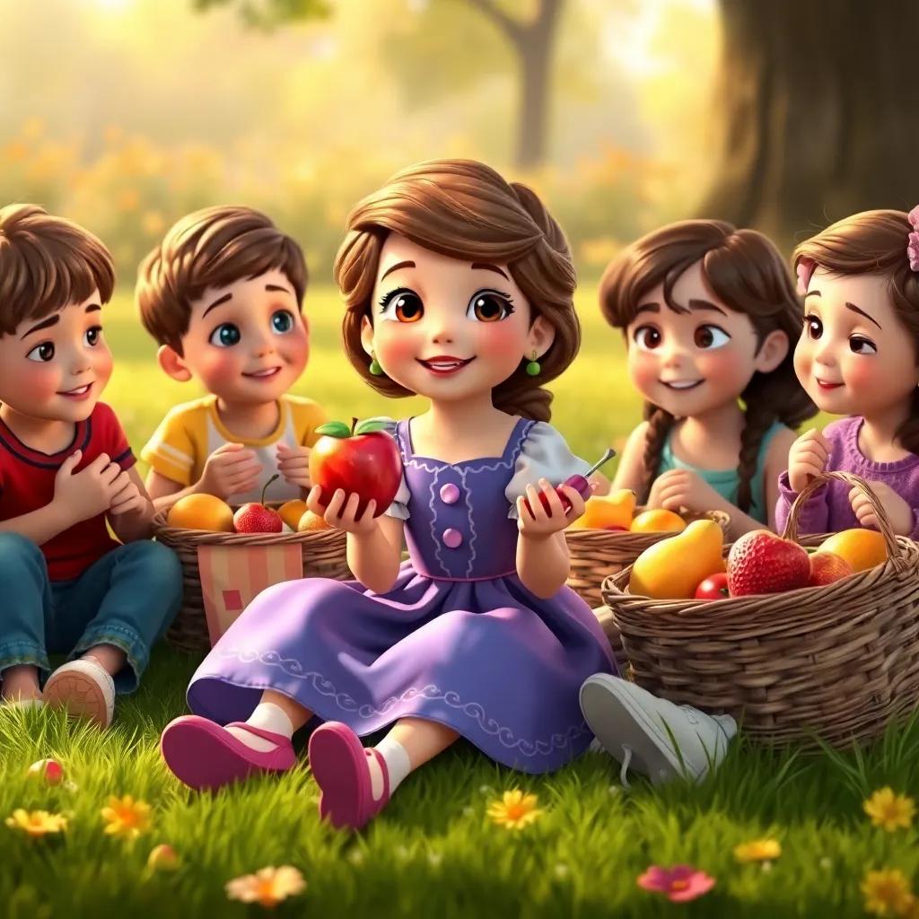 A gathering of children sitting on the grass, eating fruits from their picnic baskets. Sofia holds an apple with excitement as her friends happily eat beside her, digital art, warm colors, cozy and inviting, high quality