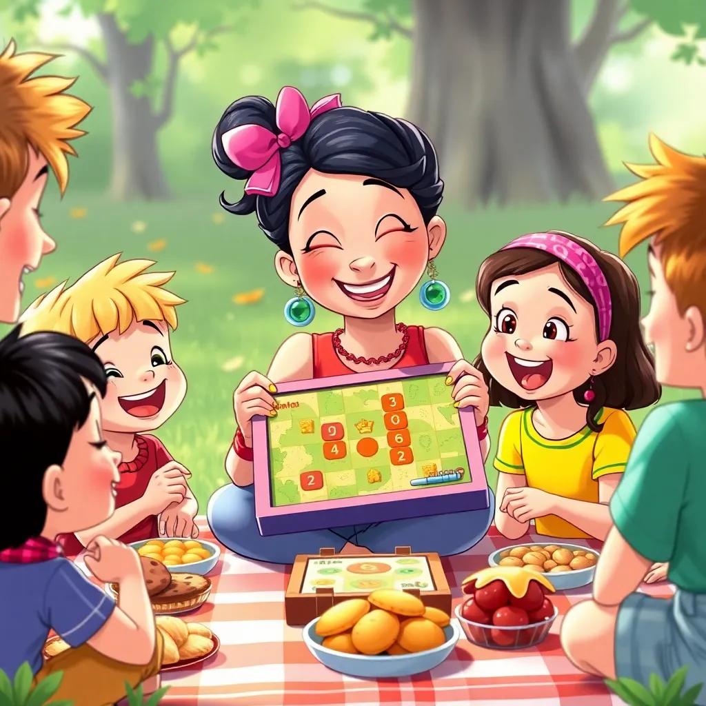 Rosinha smiles while showing her board game to other children who are excitedly looking at it, colorful picnic setup around them including snacks, illustration, joyful, fun atmosphere, high quality