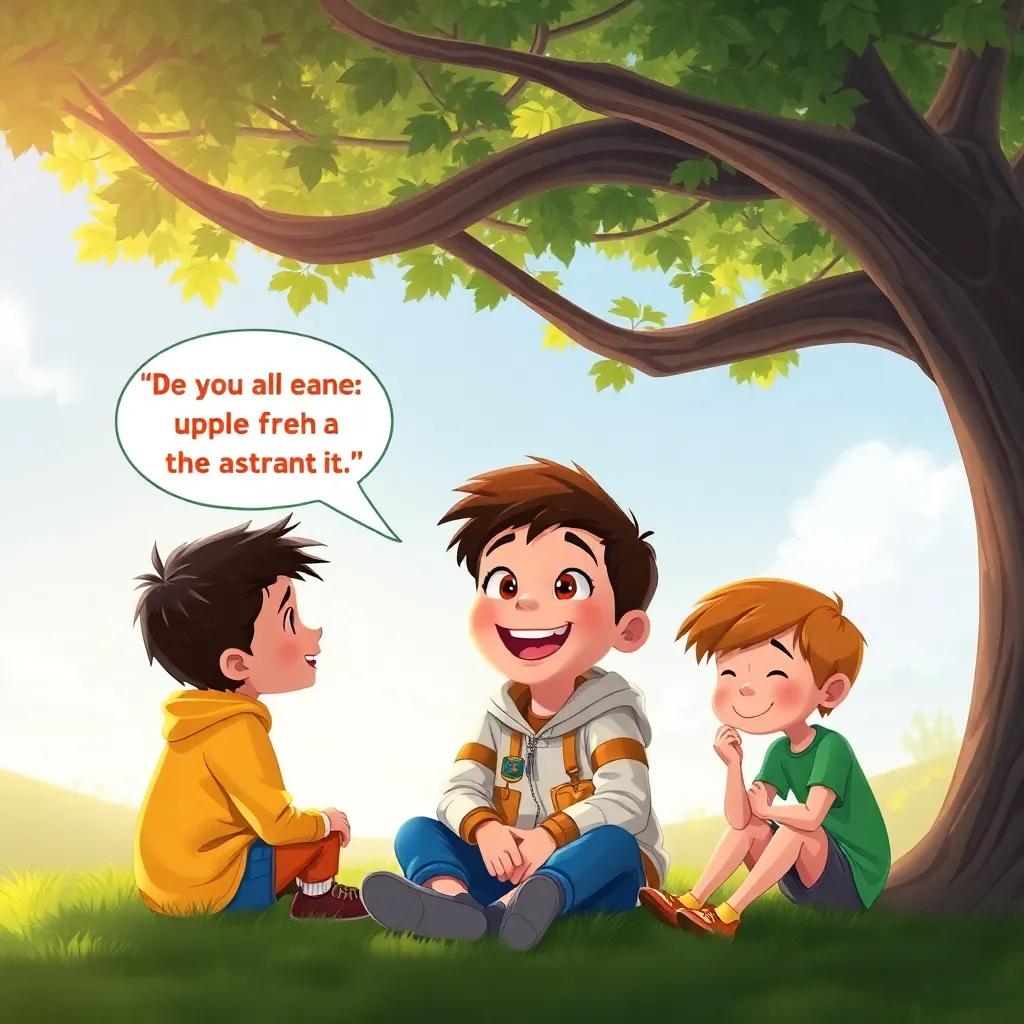 A young boy, Pedro, with bright eyes and a big smile, excitedly talking about his dream to be an astronaut, sitting with friends under a tree, illustration, whimsical, imaginative, high quality