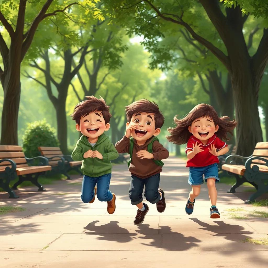 Children playing hide and seek with laughter filling the air, trees and park benches in the background, digital painting, dynamic, joyful energy, high quality