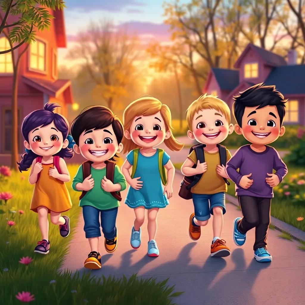 A group of happy children walking back home from the park, with big smiles and hearts full of joy, surrounded by the relaxing evening atmosphere, digital painting, colorful and vibrant, high quality
