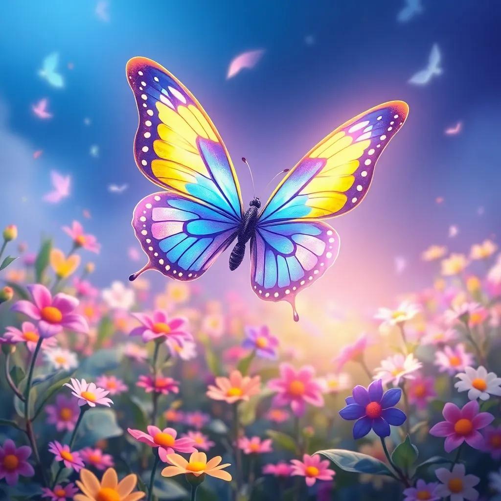 A beautiful butterfly, Lila, with blue and golden wings, flying over a magical garden filled with singing flowers, digital art, bright colors, cheerful atmosphere, high quality
