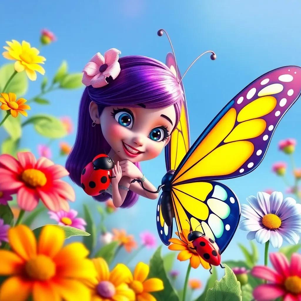 Lila, the beautiful butterfly, smiling as she invites her ladybug friend, colorful flowers dancing around them, vibrant colors, joyful scene, bright and inviting