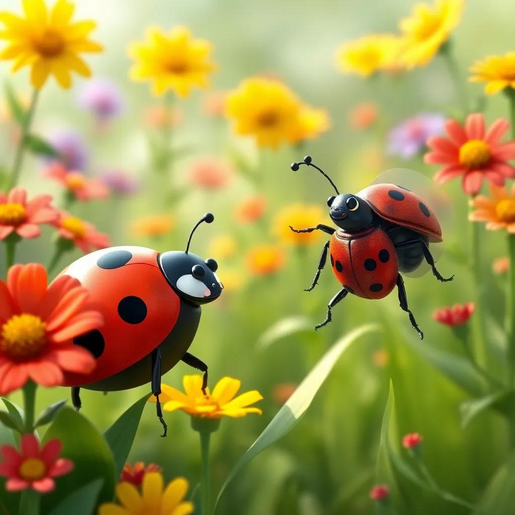 A ladybug with black spots and a happy beetle dancing among the flowers, the garden alive with color and music, cheerful, enchanting atmosphere, colorful and bright