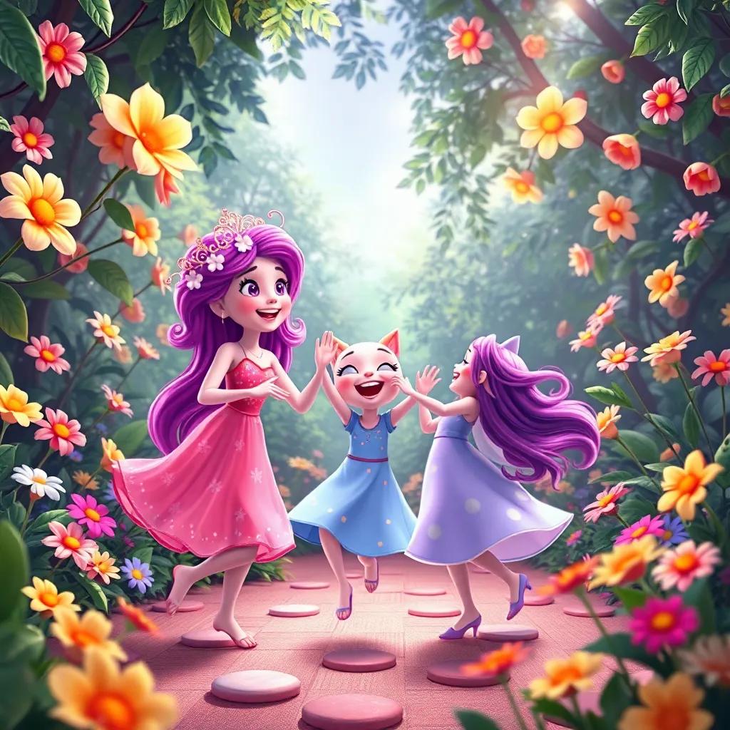 Lila and her friends dancing together joyfully in the magical garden, surrounded by singing flowers, a festive mood, bright colors, harmonious scene, high quality