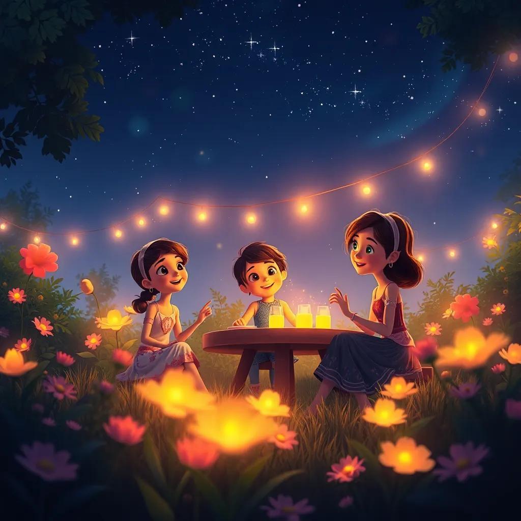 A night scene in the garden, with Lila and her friends enjoying the party under twinkling stars, flowers glowing softly, magical moment, warm colors, enchanting atmosphere