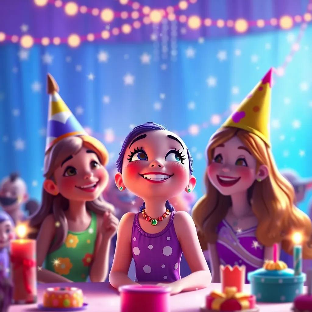 Lila smiling at her friends during the party, with sparkles of friendship around, celebrating the magic of togetherness, colorful, joyful, bright and enchanting