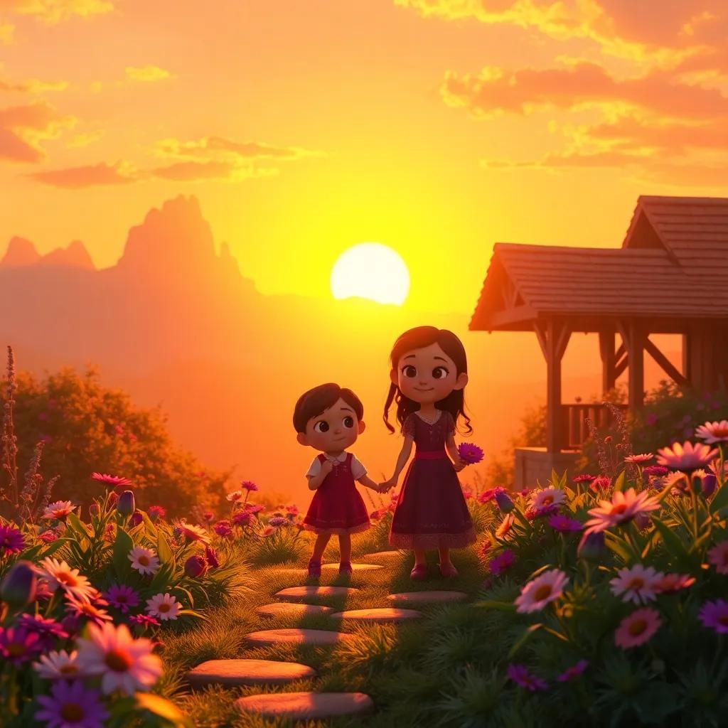 A beautiful sunrise over the magical garden as Lila and her friends say goodbye, with a sense of gratitude in the air, warm colors, uplifting scene, high quality