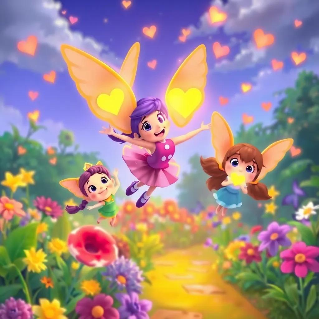 Lila and her friends flying back home, their hearts glowing with joy, leaving the vibrant garden behind, colorful, cheerful, heartfelt atmosphere, high quality