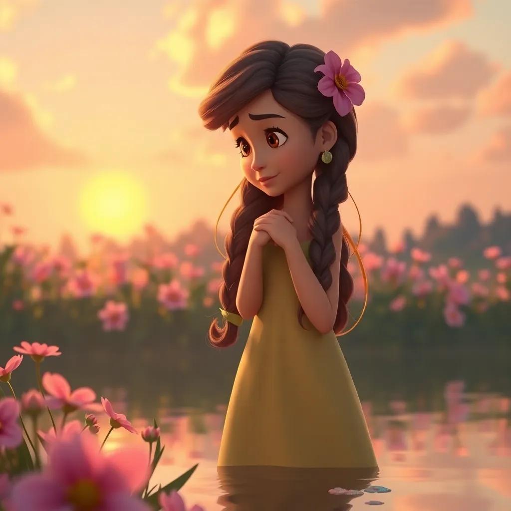 A serene scene of Lila reflecting on the magical day, with flowers in the background representing friendship, peaceful, warm colors, dreamlike quality, high quality