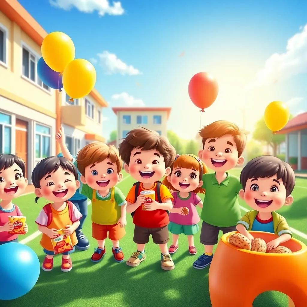 A group of happy children in a colorful school playground, celebrating Children's Day with balloons and snacks, smiling faces, bright sunshine, cheerful atmosphere, digital art, vibrant colors, playful scene