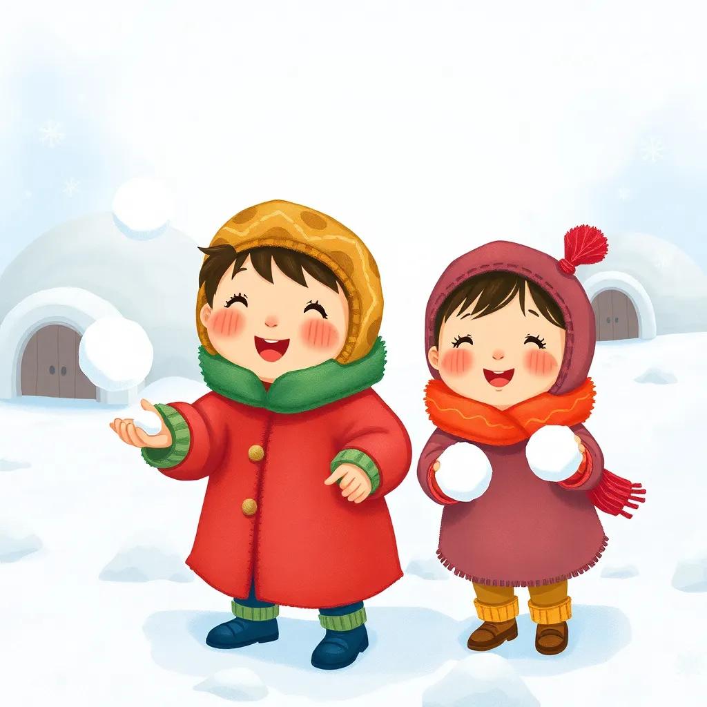 Kimo and Anaya, two Inuit children with rosy cheeks, wearing colorful fur coats, making snowballs and throwing them, surrounded by a snowy landscape with igloos in the background and sparkling snowflakes, illustration, joyful, adventure theme, child-friendly texture, dynamic motion