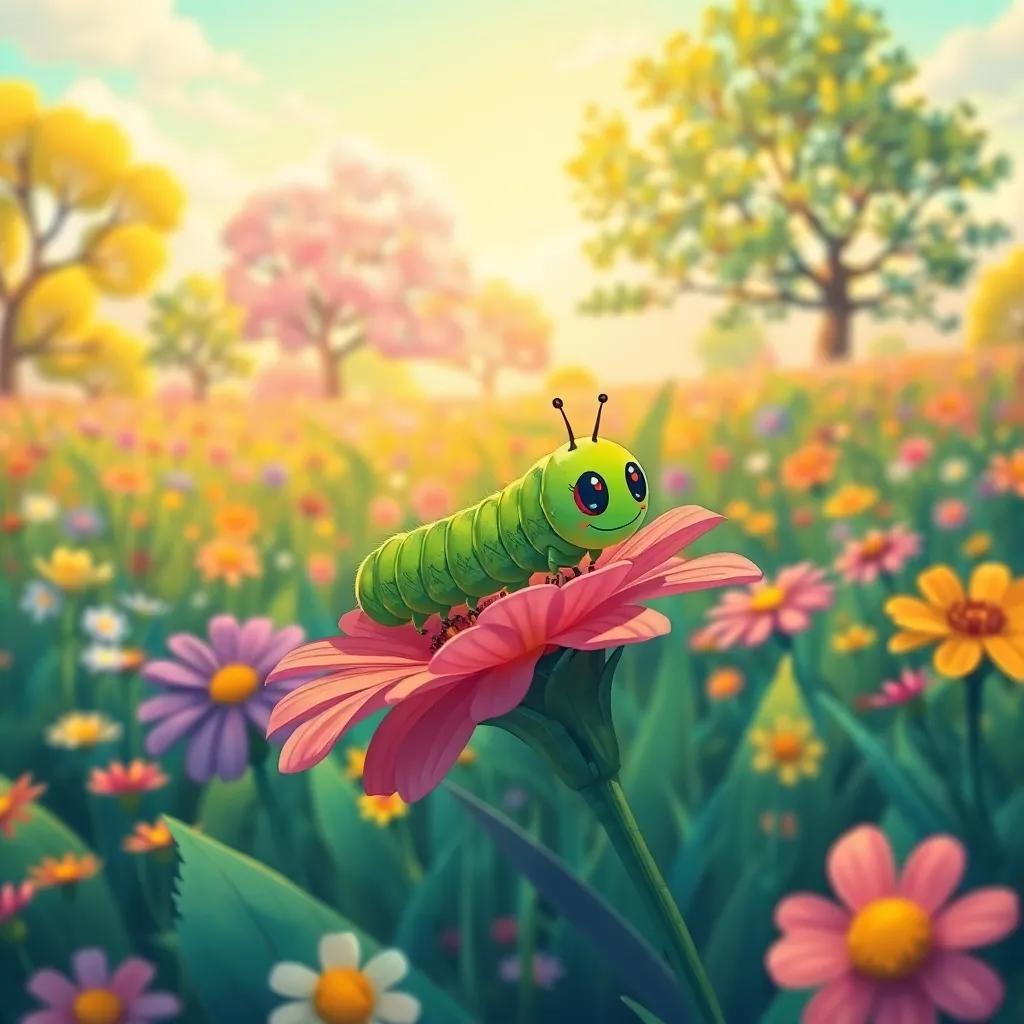 A small caterpillar named Gus, bright green, crawling on a colorful flower in a bright field filled with flowers and trees, cheerful atmosphere, detailed illustration, sunny day, colorful background