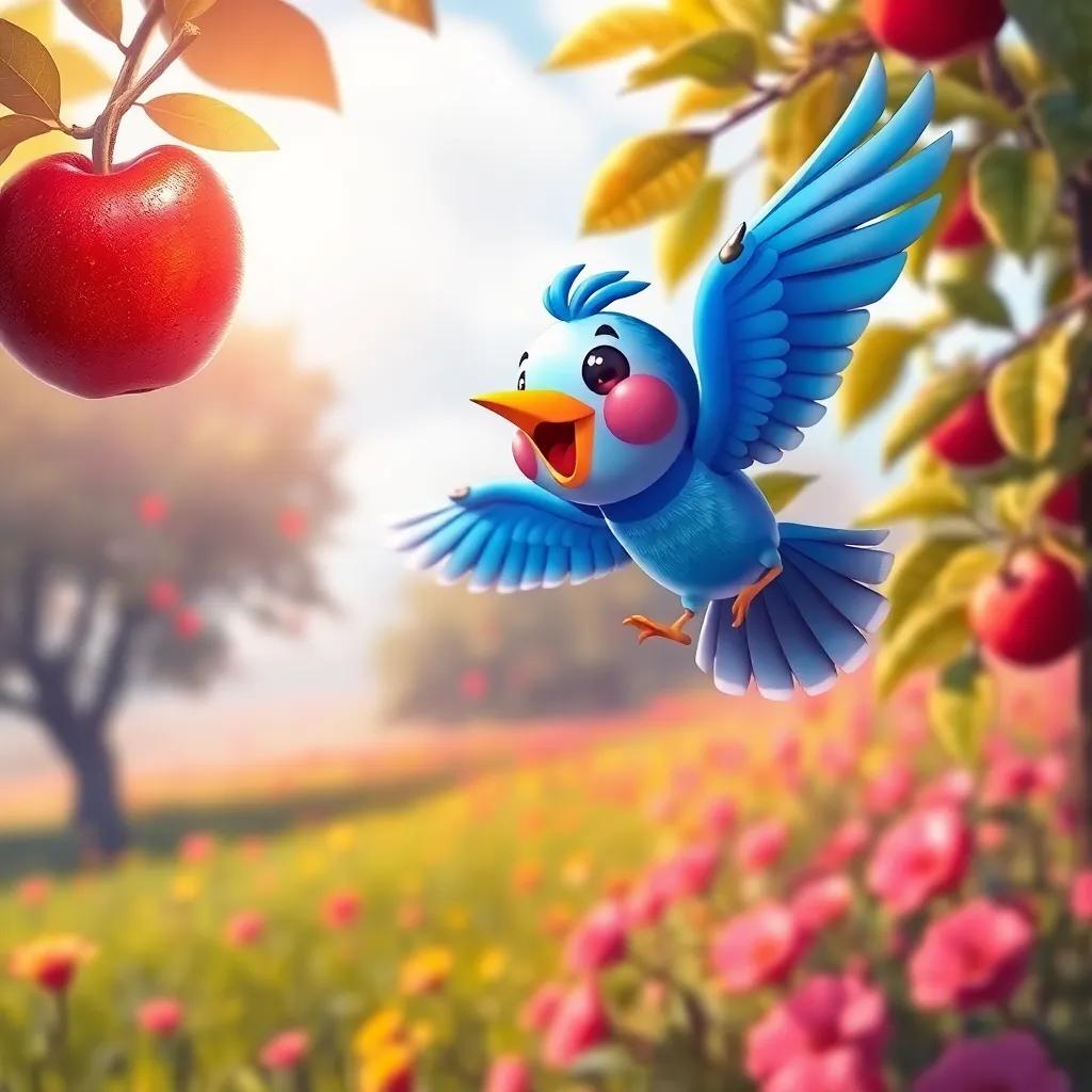 A cheerful bird named Lía, with blue feathers and a yellow beak, flying towards a bright red apple on a high branch of a tree in a vibrant field, joyful scene, colorful, bright light, detailed view