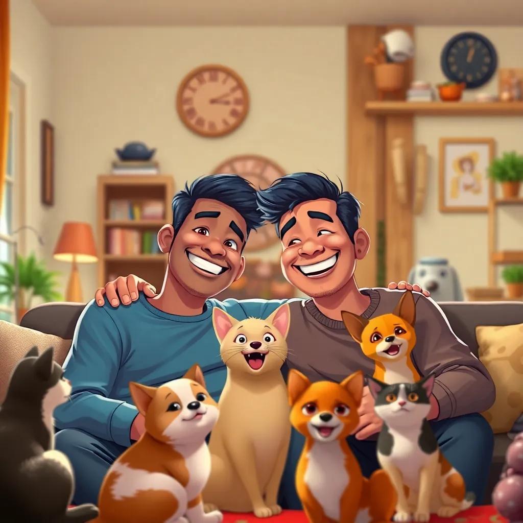 Two loving men, Juan and Carlos, smiling together in a cozy living room with a couple of cats and dogs around them, vibrant colors, warm light, cheerful atmosphere, high quality