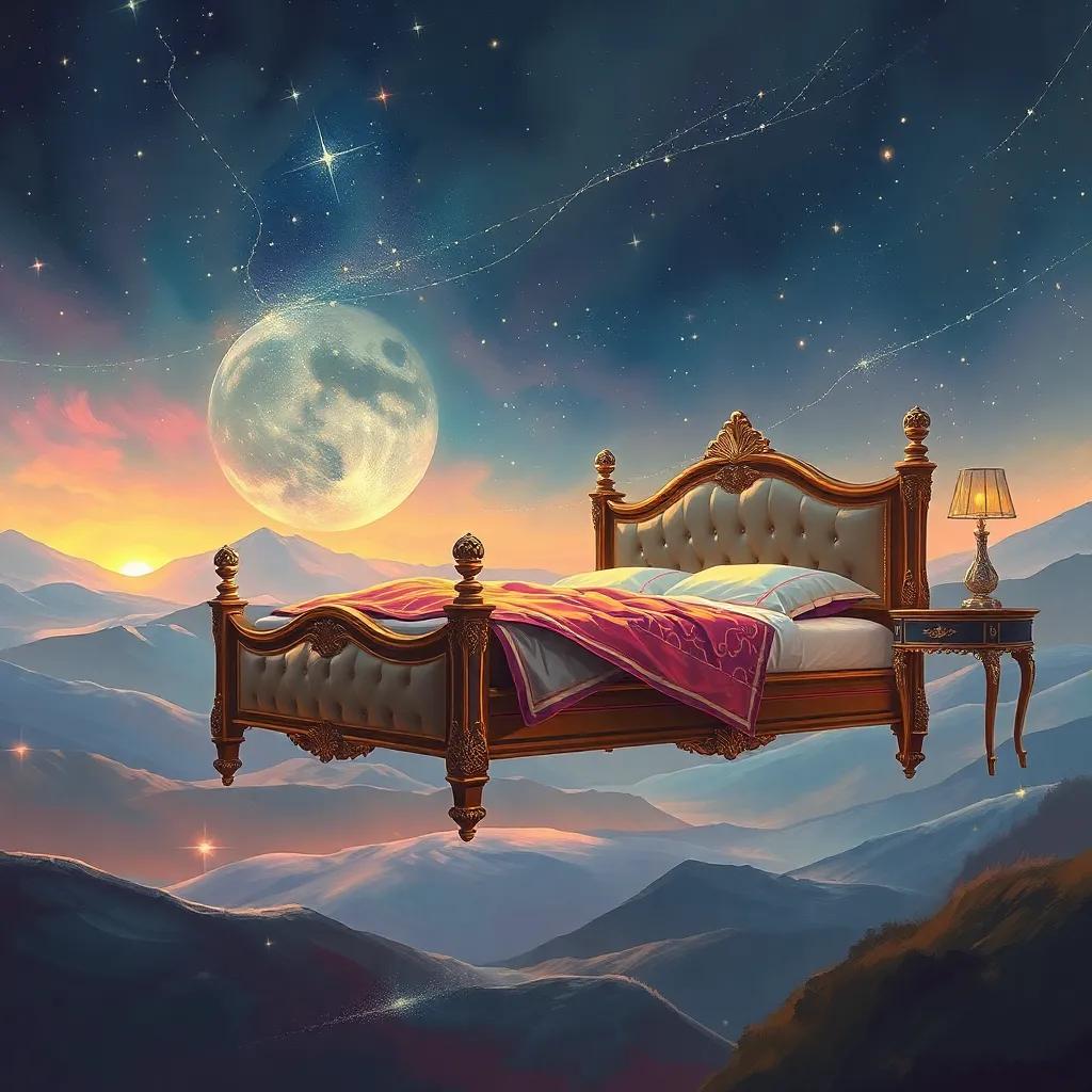 Una cama lujosa levitando en el aire, modernista, con luces brillantes en un paisaje de estrellas, mostrando cómo flota gracias a los imanes, digital art, colorido, asombroso