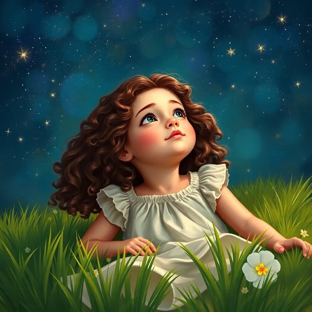 A young girl, Clara, with curly brown hair wearing a simple dress, lying on the grass under a starry sky, looking up with wonder, digital art, vibrant colors, peaceful night atmosphere, high quality