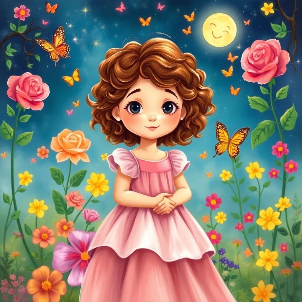 Clara, a young girl with curly brown hair in a dress, standing in a magical garden filled with singing roses and dancing butterflies, colorful flowers and a smiling moon, illustration, cheerful, dreamlike scene, child-friendly