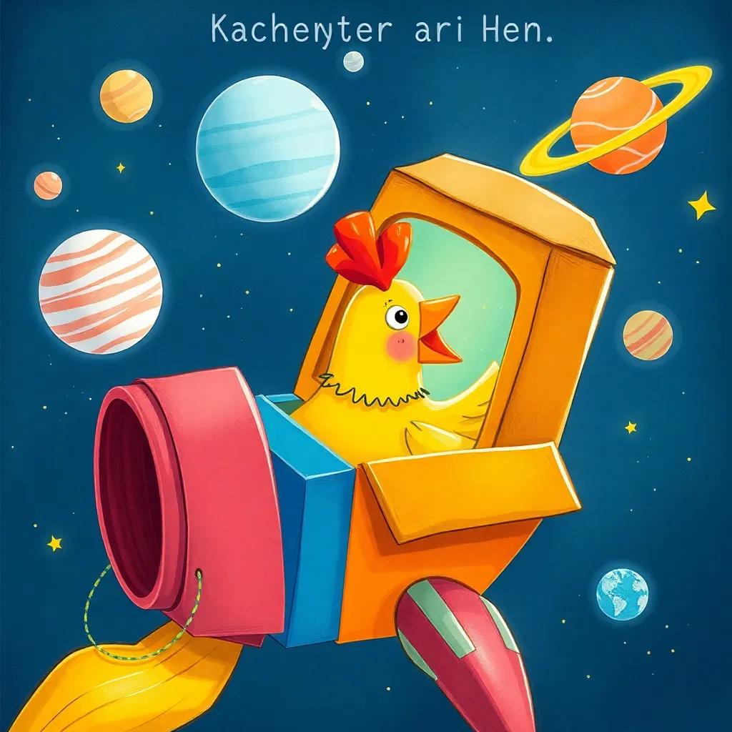 Clari, the hen, inside a cardboard rocket made of colorful boxes and tubes, with a joyful expression as she looks out a window at the vastness of space, surrounded by the glowing planets and sparkling stars, cheerful illustration, bright colors, adventurous theme, child-friendly