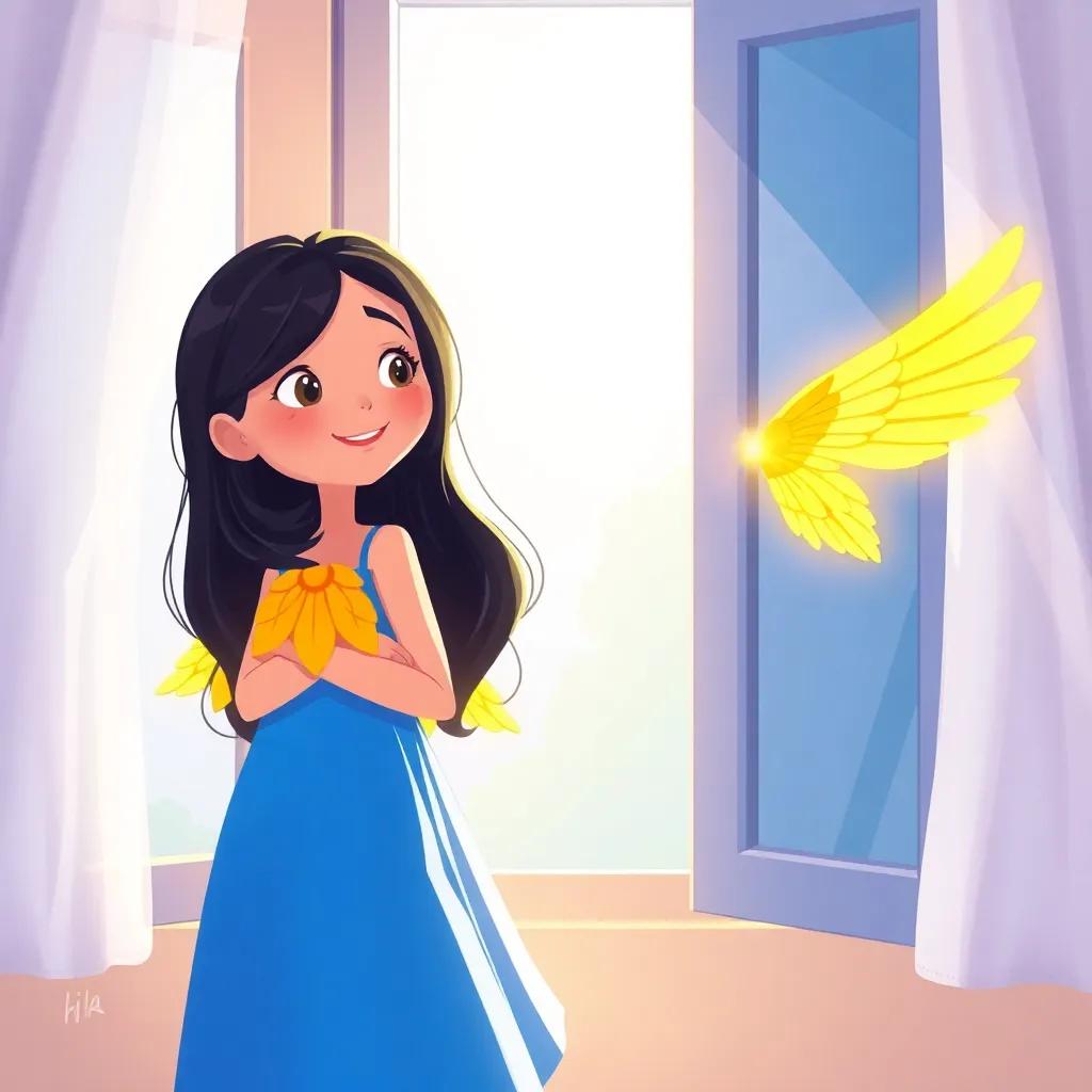 Lila, a young girl with long black hair in a bright blue dress, discovering her golden wings by the window, sunlight streaming in, feeling surprised and joyful, illustration, bright, whimsical, wonder-filled scene, high quality