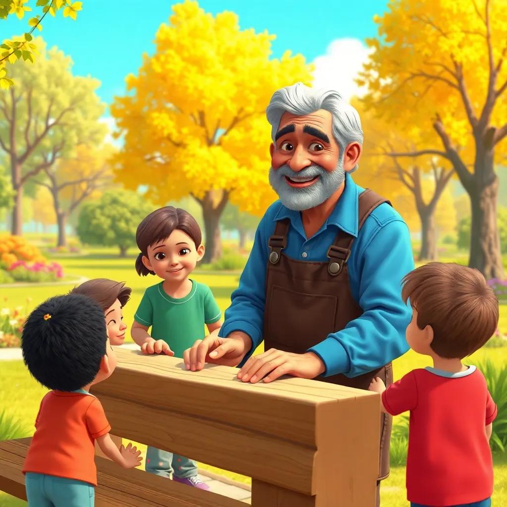 Uncle Saeed, a skilled carpenter with graying hair and a warm smile, wearing a blue shirt and brown overalls, teaching children how to build a bench in a sunny park filled with trees and flowers, illustration, bright and friendly, engaging scene, high quality