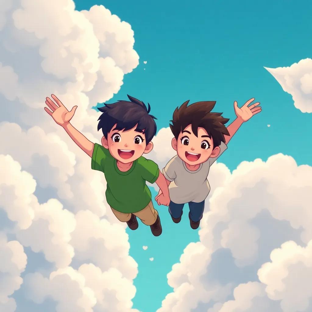 Uma and Leo, a boy with straight black hair wearing a green t-shirt, joyfully holding hands while soaring between fluffy white clouds, digital painting, bright and fun, high quality