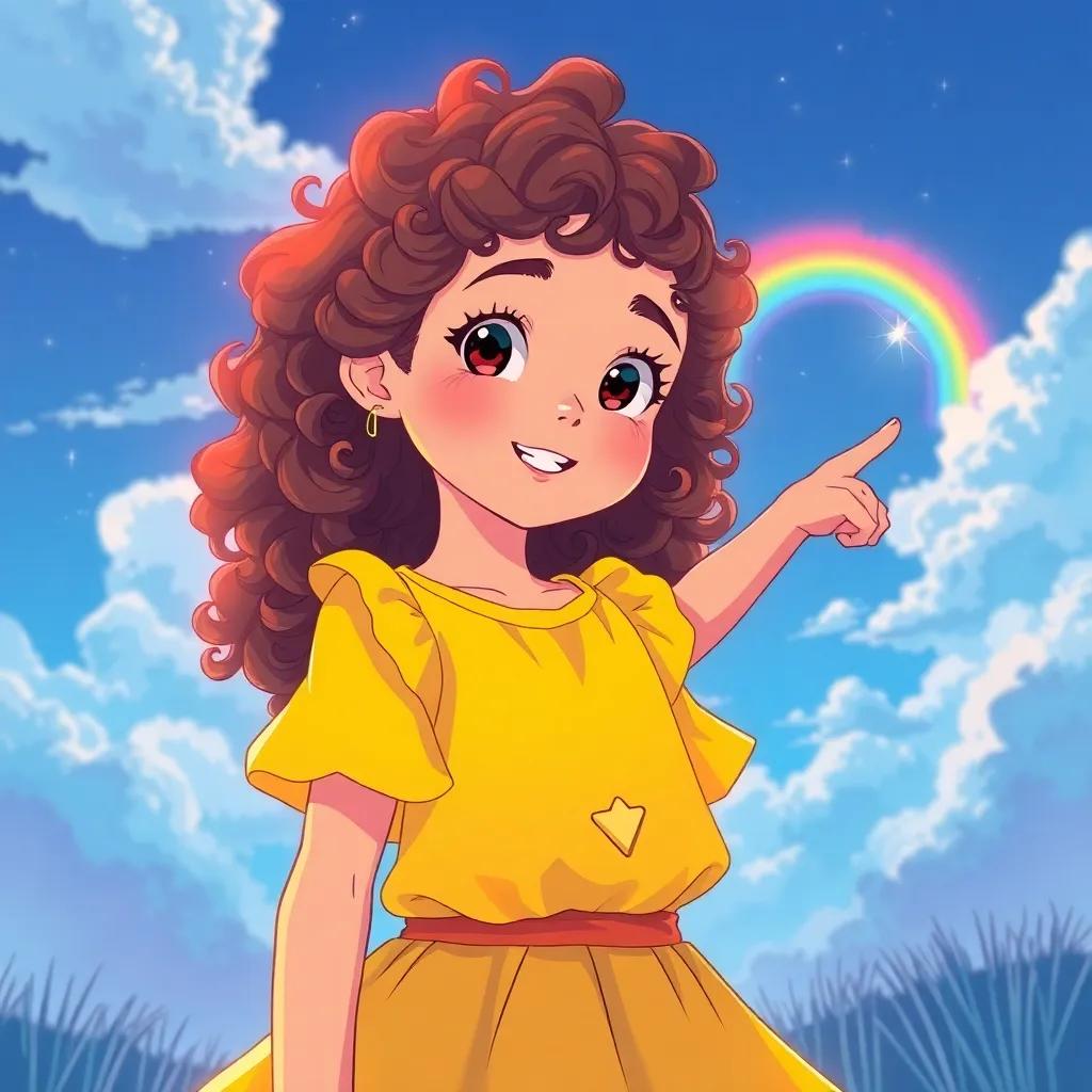 Uma, a young girl in a bright yellow dress with curly brown hair, pointing towards a sparkling rainbow in the distance above a blue sky, detailed illustration, colorful, playful
